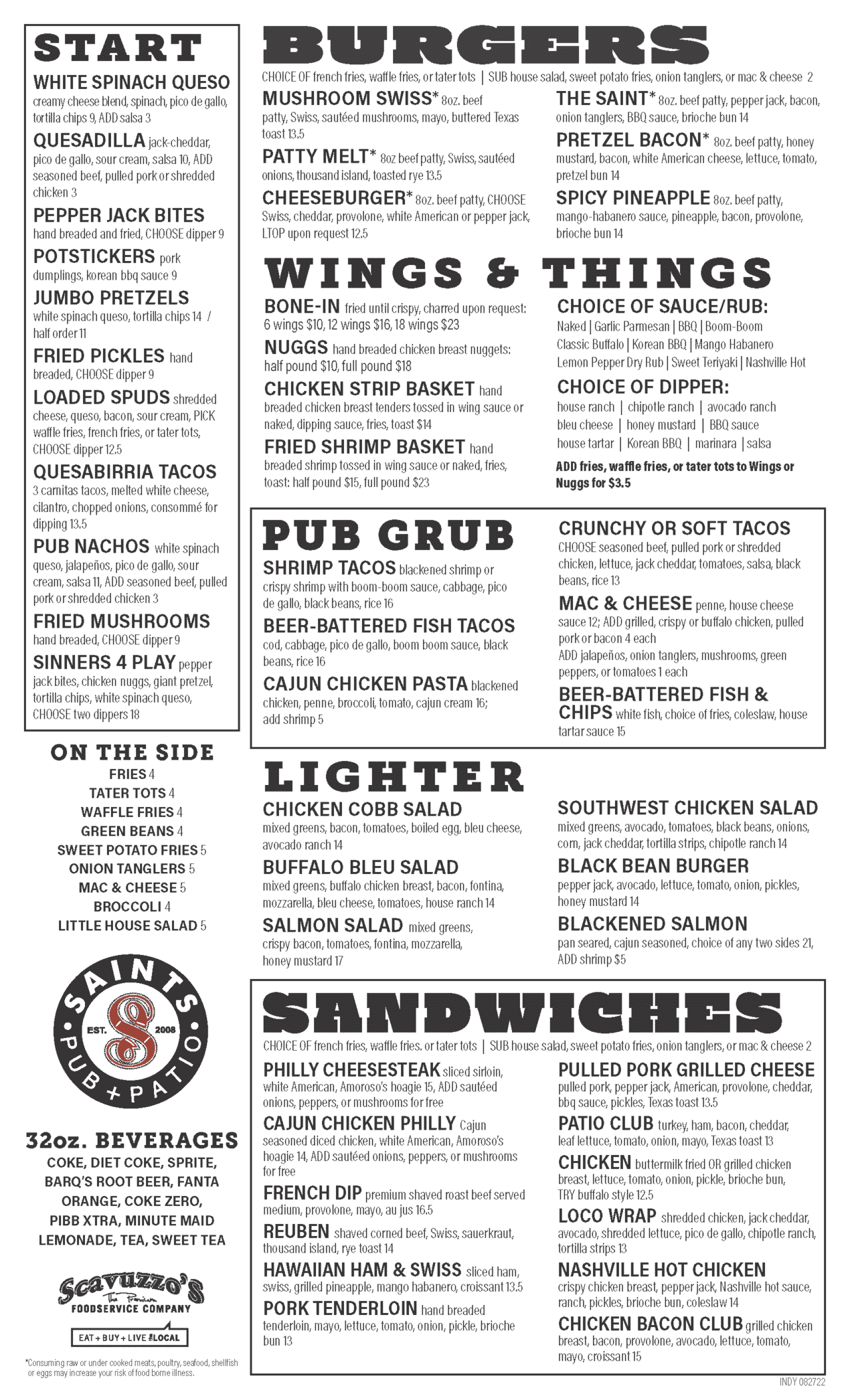 Independence Menu - Saints Pub + Patio