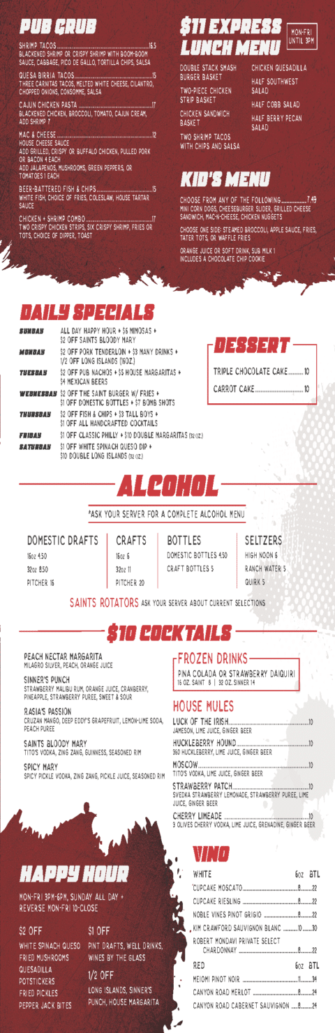 Independence Menu - Saints Pub + Patio